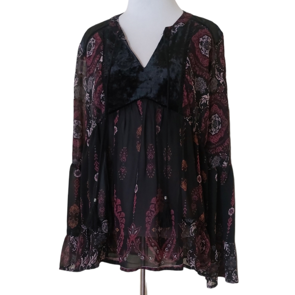 Knox Rose Black Sheer Bohemian Floral Print Flowy Lace Blouse Womens Large